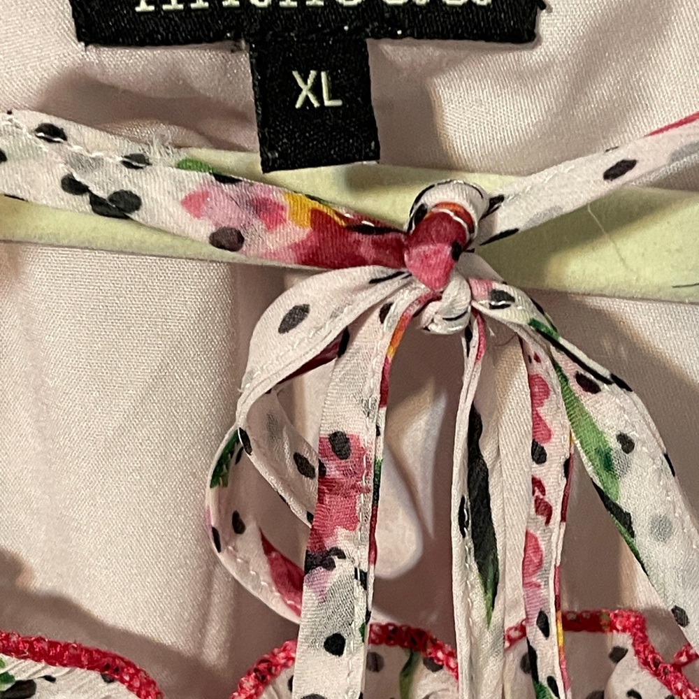 Antheaa Pink Floral Swiss Dot Midi Dress Ruffle Trim Tassel Tie Cottagecore XL - Picture 9 of 12